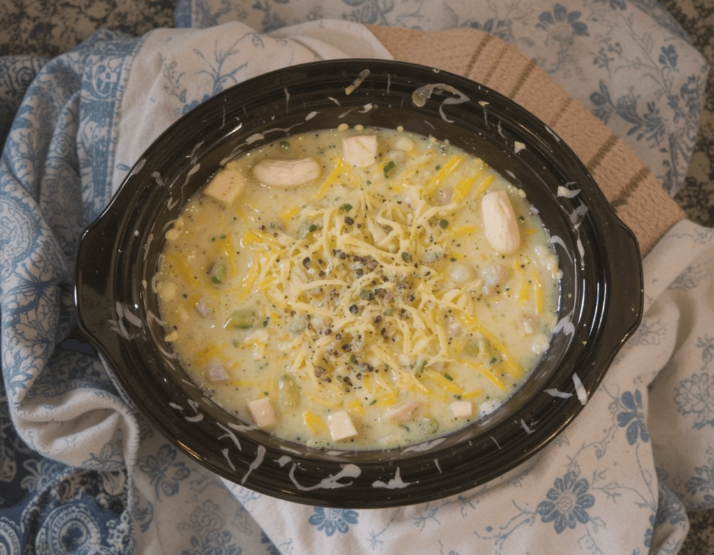 A creamy homemade soup with cheese, chicken, garlic, and vegetables in a black slow cooker, placed on a cozy blue and beige fabric.

