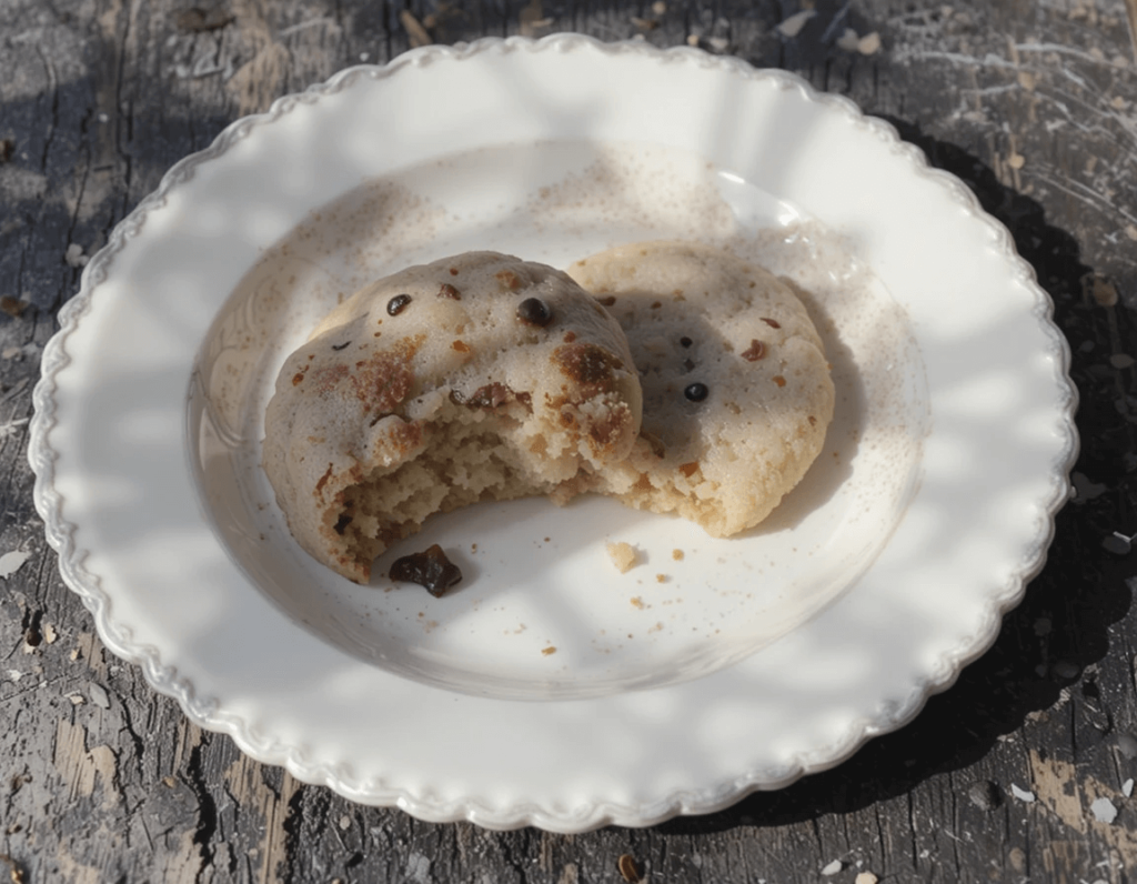 Golden-brown thumbprint cookies with a creamy vanilla glaze, arranged on a wooden surface, with drizzles of glaze and crumbs scattered around.

