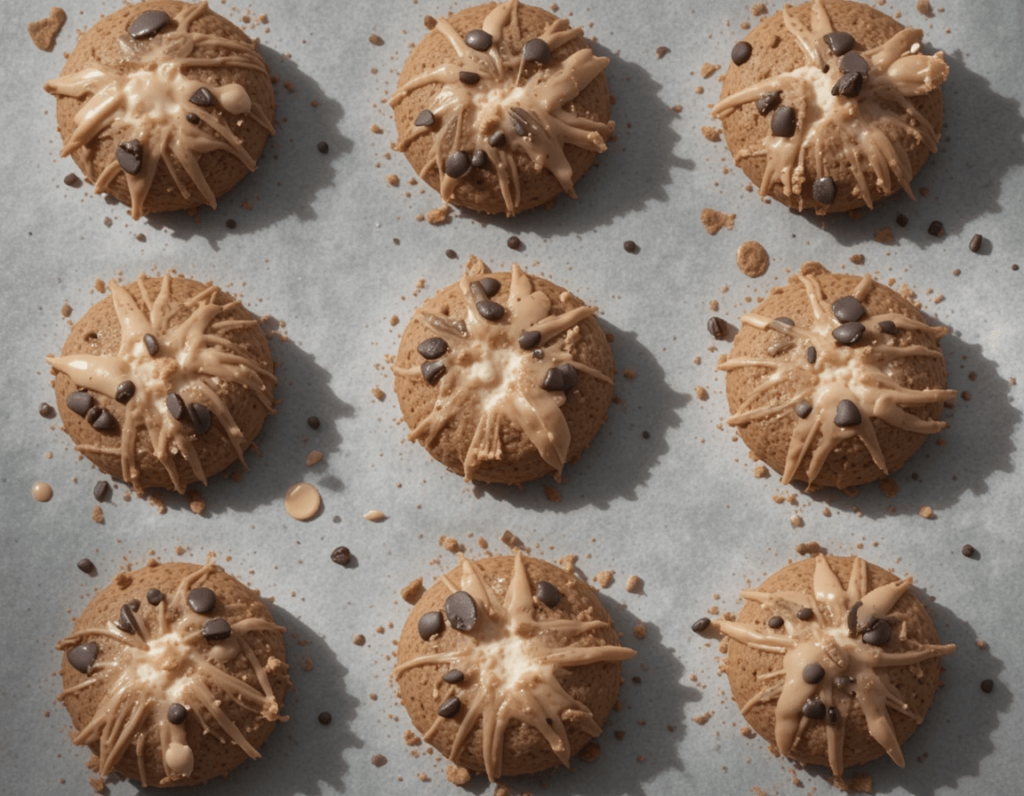 Freshly baked chocolate cookies with a drizzle of caramel glaze and chocolate chips on parchment paper, creating a beautiful starburst design.

