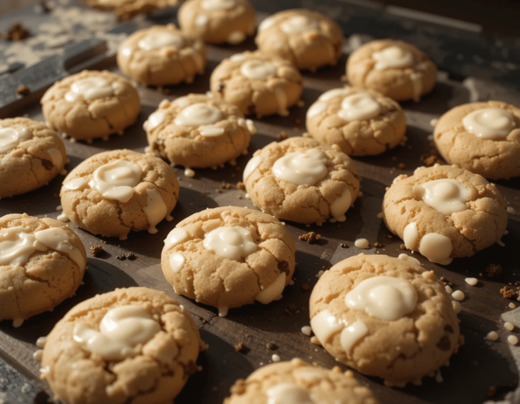 Freshly baked golden cookies with a cracked surface, topped with a smooth white glaze, arranged on a wooden board.

