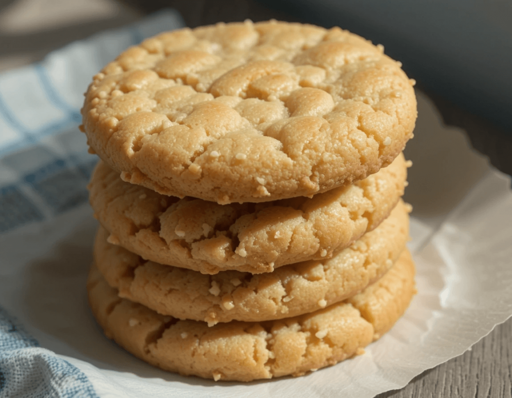 Golden, cracked thumbprint cookies drizzled with creamy white glaze, arranged on a rustic wooden surface with scattered crumbs.

