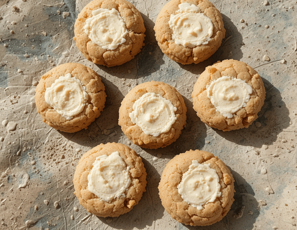 Freshly baked golden thumbprint cookies with a delicate vanilla glaze, resting on a rustic wooden surface with scattered crumbs.

