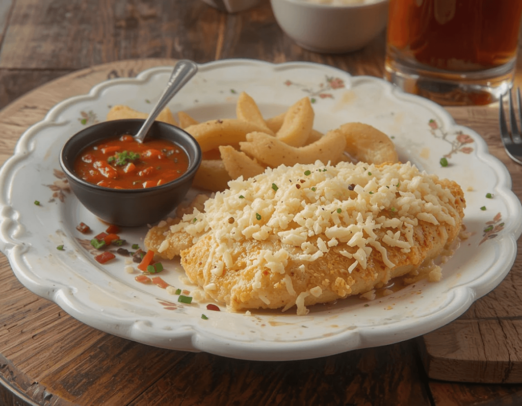 A delicious serving of Longhorn Steakhouse Parmesan Crusted Chicken, featuring a golden, crunchy parmesan topping over a tender grilled chicken breast. Paired with fresh green beans, a lime wedge, and two flavorful dipping sauces.

