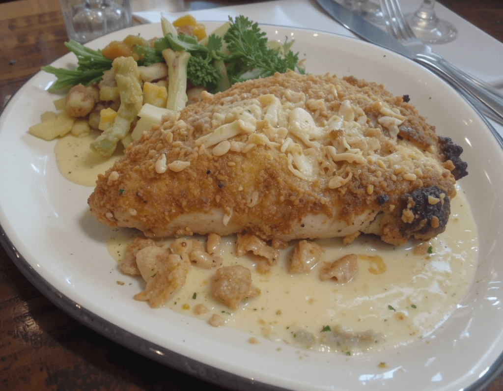 A plate of Longhorn Steakhouse Parmesan Crusted Chicken served with creamy garlic sauce and a side of mixed vegetables. The chicken is golden brown, crispy, and topped with melted parmesan and crunchy breadcrumbs.