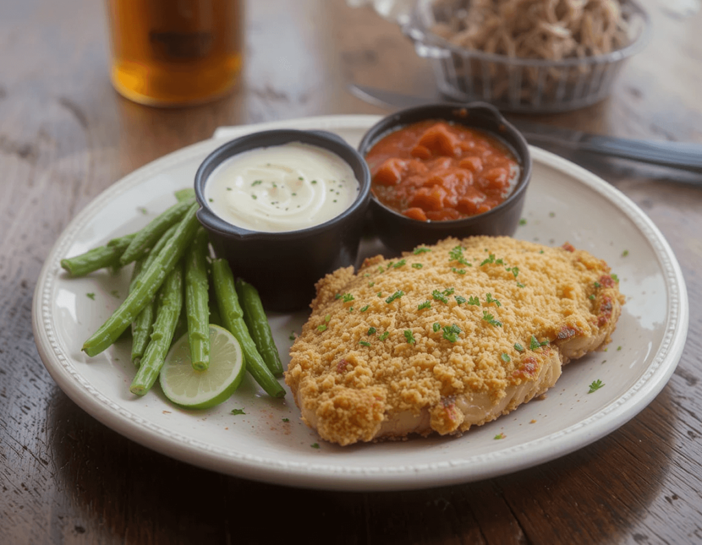 A plate of Longhorn Steakhouse Parmesan Crusted Chicken, topped with a golden, crispy parmesan crust and garnished with fresh herbs. Served with green beans, a lime wedge, and two dipping sauces—one creamy and one tomato-based.

