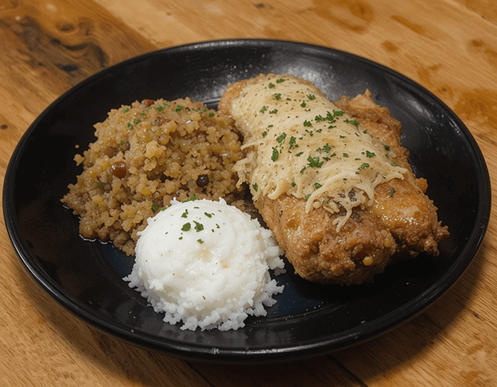 A black plate featuring Longhorn Steakhouse Parmesan Crusted Chicken, topped with melted parmesan cheese and fresh herbs. Served with a side of mashed potatoes and seasoned couscous on a wooden table.

