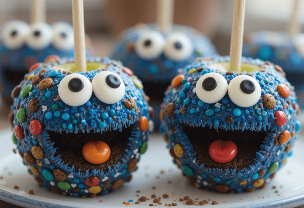 Close-up of Cookie Monster-themed candy apples, covered in blue icing, candy-coated chocolate pieces, and mini cookies. Each apple has a large open mouth filled with cookie crumbs and an expressive candy eye design.

