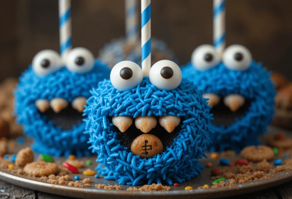 A plate of Cookie Monster-inspired candy apples featuring bright blue icing, large candy eyes, and an open mouth filled with cookie crumbs and a colorful candy tongue. The apples are coated with a mix of mini cookies, chocolate candies, and blue sprinkles, resembling the beloved Sesame Street character. Wooden sticks are inserted for easy handling, making them a fun and festive treat.

