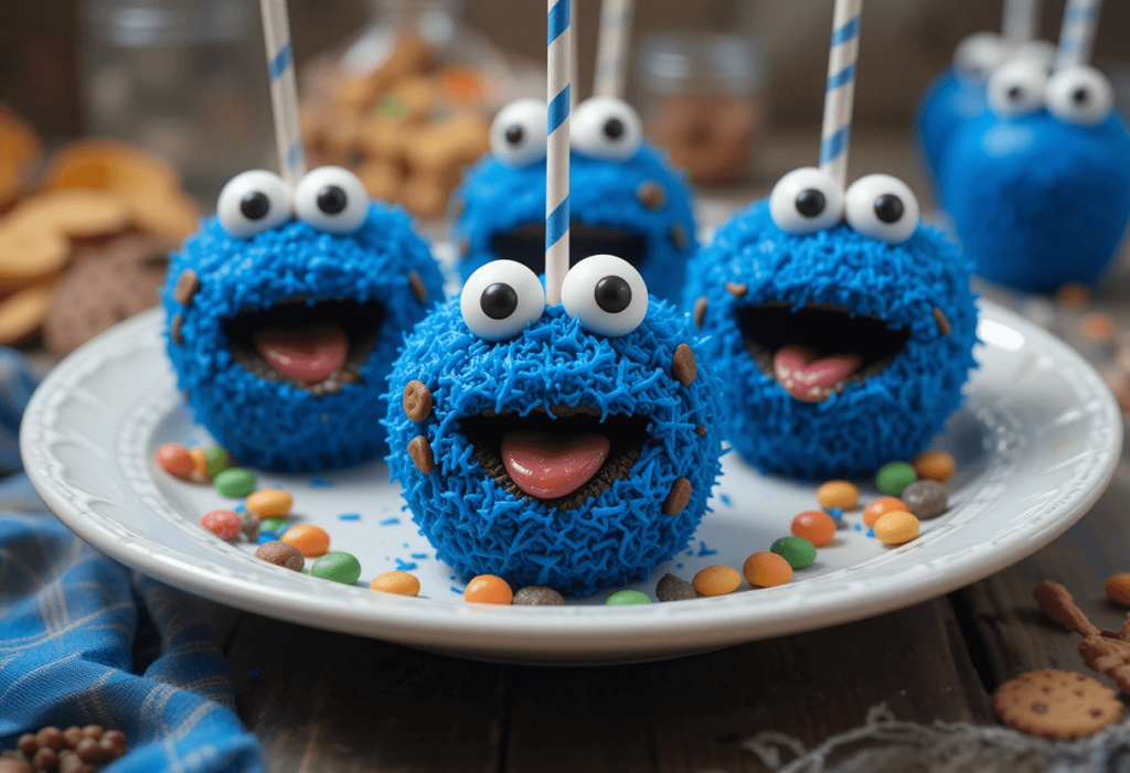 A plate of Cookie Monster-themed candy apples, coated in bright blue icing with candy eyes, a cookie-filled mouth, and a playful expression, surrounded by colorful candy pieces.

