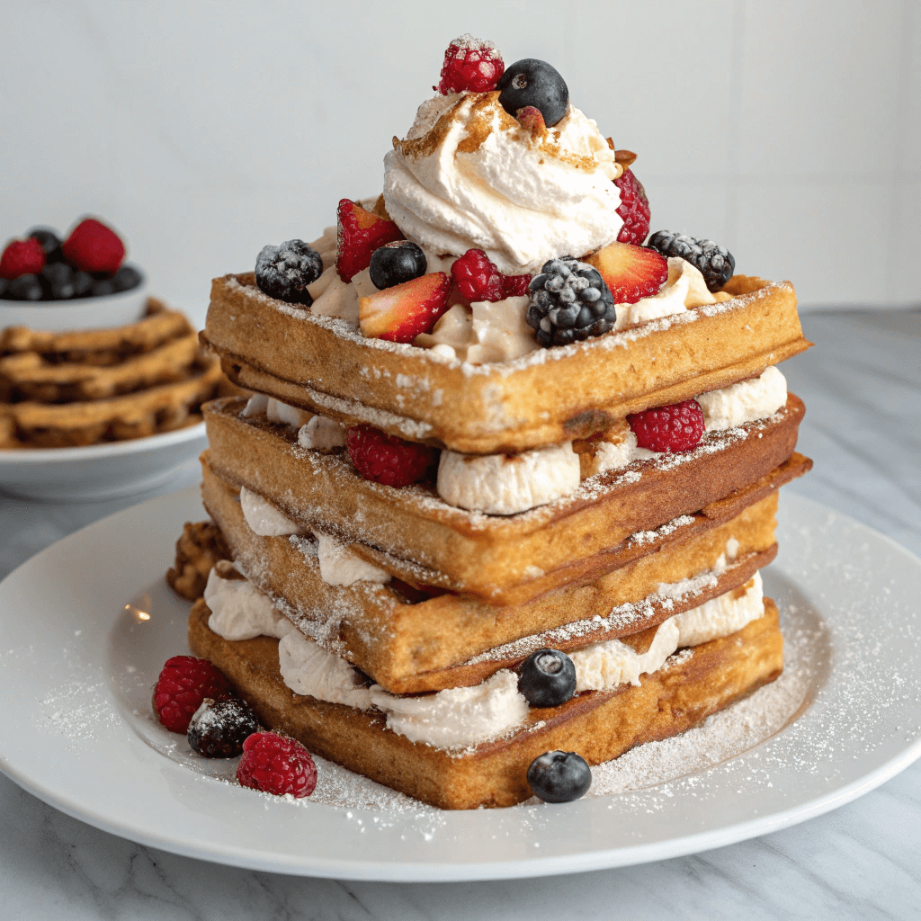 A golden, crispy waffle topped with a heart-shaped strawberry, fresh berries, chocolate chips, and powdered sugar, served on a white plate with a red patterned tablecloth.