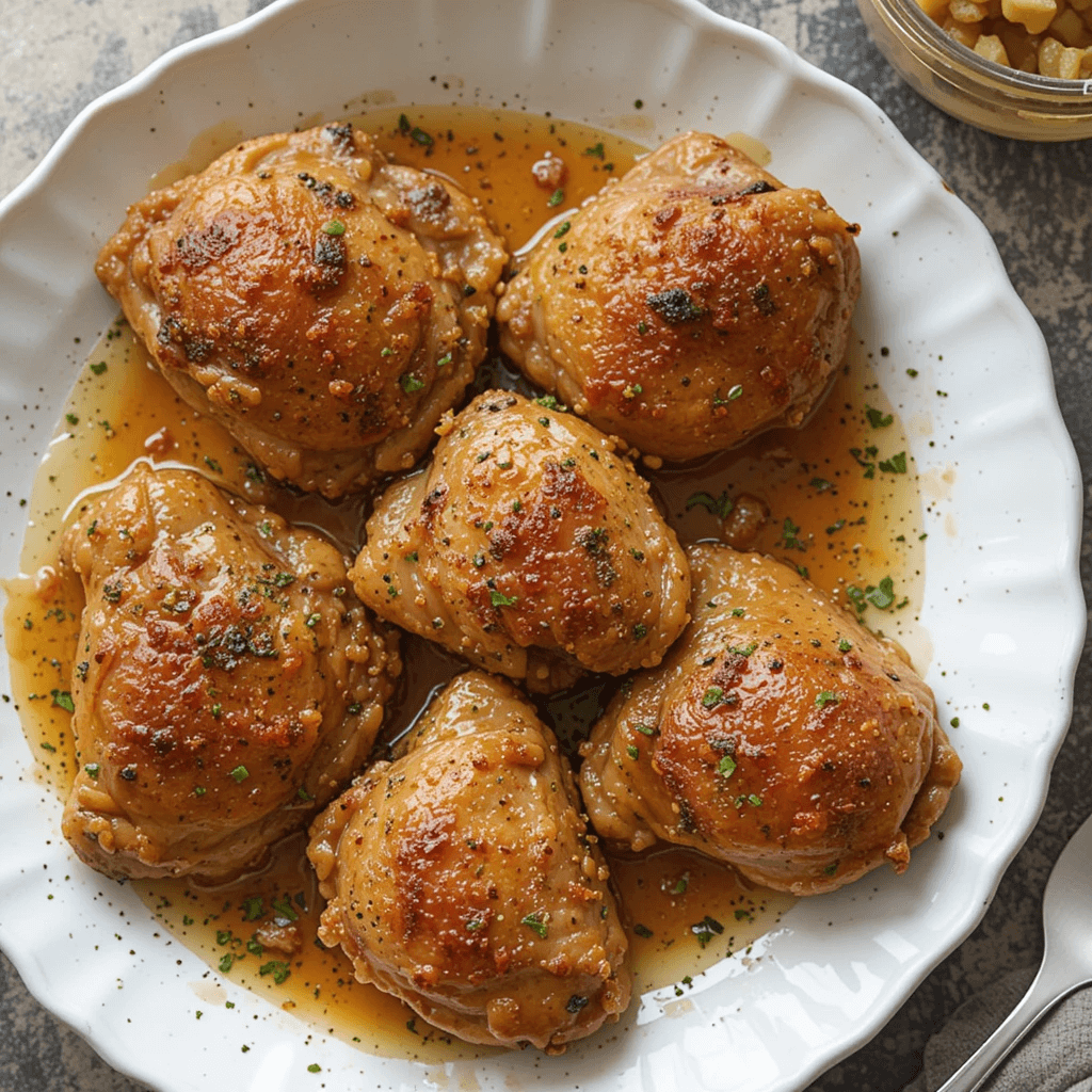 Glazed honey garlic chicken thighs served on a white plate, coated in a rich, flavorful sauce with herbs and spices.