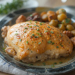 A juicy, golden-brown chicken breast served on a plate with tender, seasoned mushrooms and small potatoes, garnished with fresh chopped herbs.